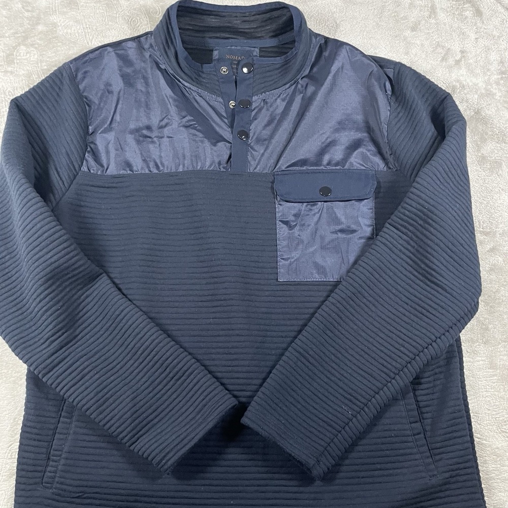 Nomad Pullover Jacket Mens Large Blue Cotton Pocket Mock Neck 1/4 Snap Front